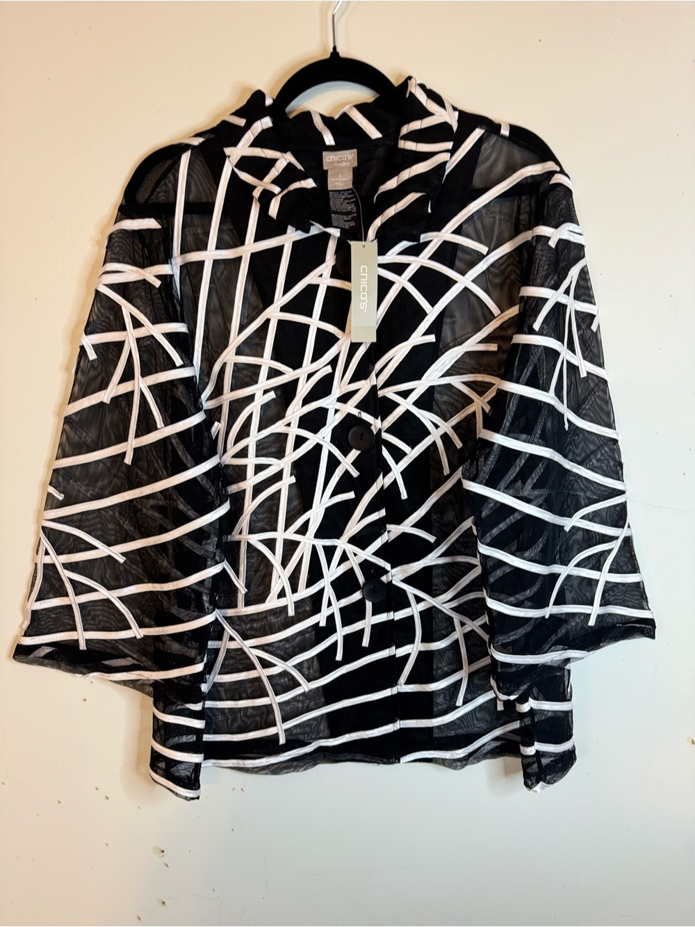 Chico's Black and White Sheer Button-Front Mesh Top NWT MSRP $149.00 Sz 3 Classy